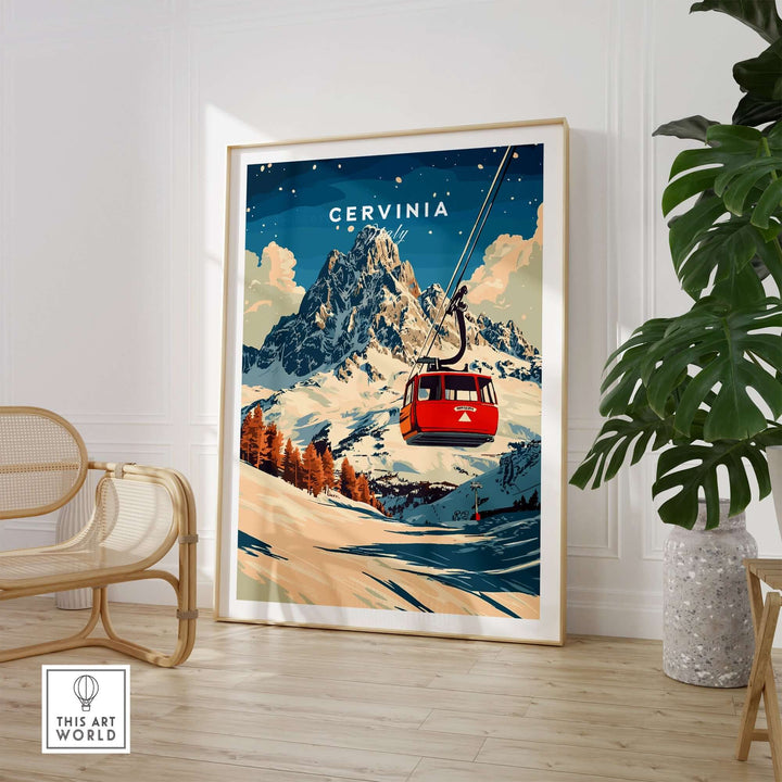 Cervinia Ski Print featuring a vibrant red gondola and snowy mountain backdrop, perfect for winter sports enthusiasts.