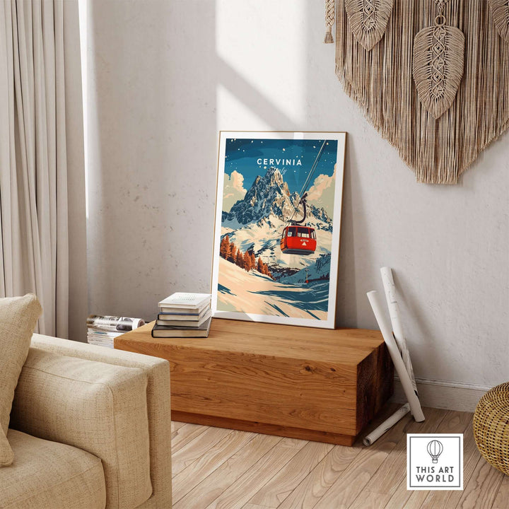 Cervinia Ski Print showcasing vibrant colors and dynamic imagery of skiing in a stylish living room setting.