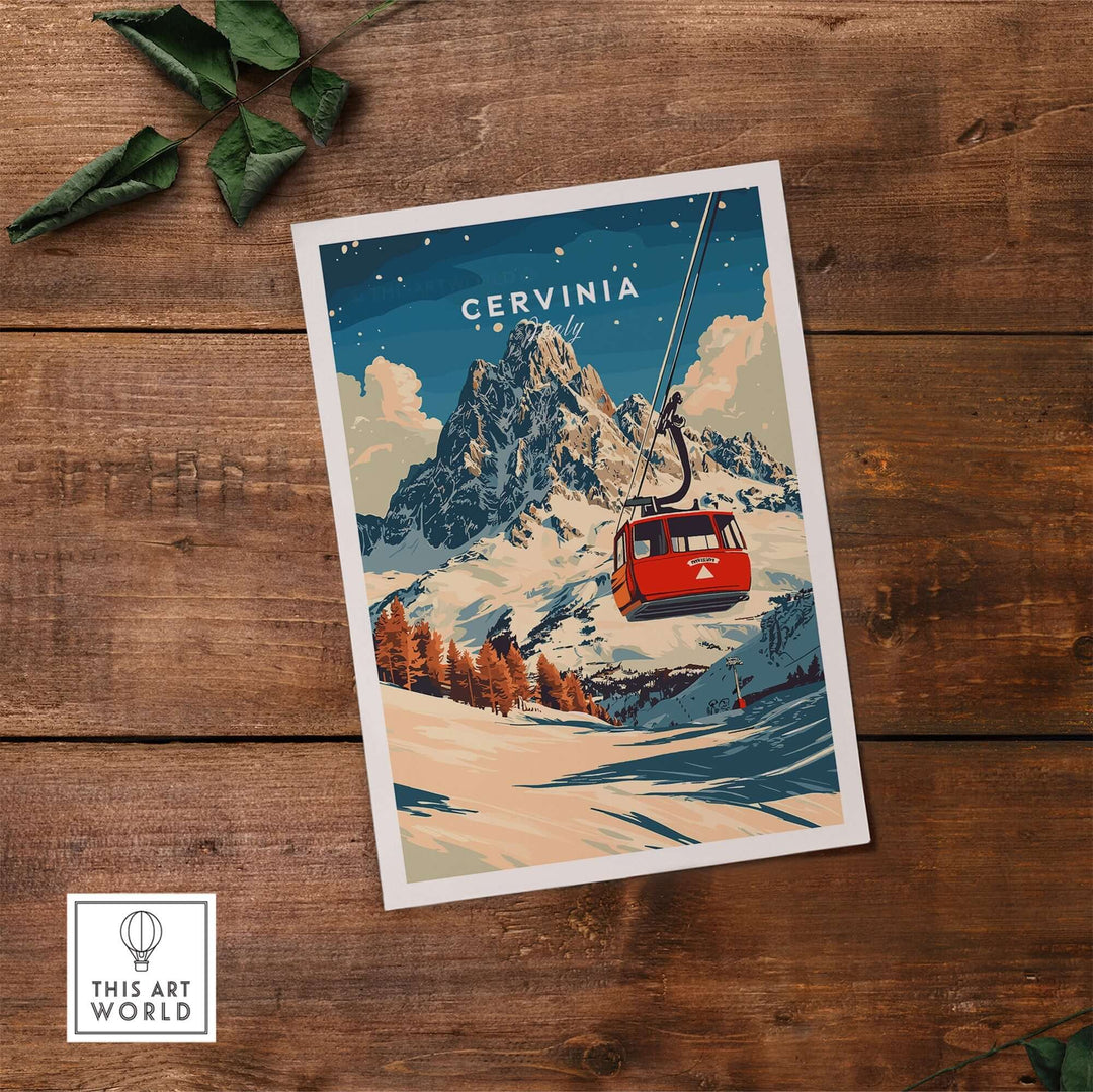 Cervinia Ski Print featuring a vibrant gondola and stunning mountain scenery, perfect for ski enthusiasts' decor.