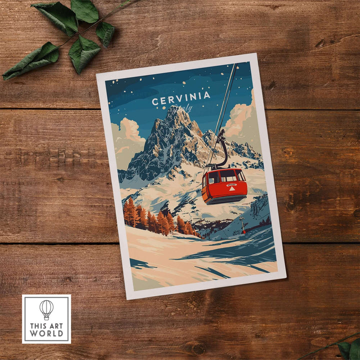 Cervinia Ski Print featuring a vibrant gondola and stunning mountain scenery, perfect for ski enthusiasts' decor.