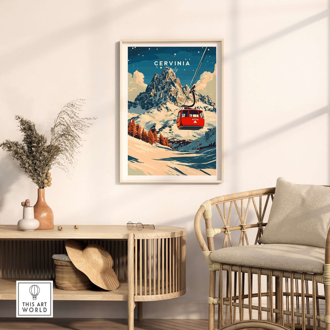 Cervinia Ski Print depicting a scenic mountain landscape with a red ski lift, adding adventure to home decor.