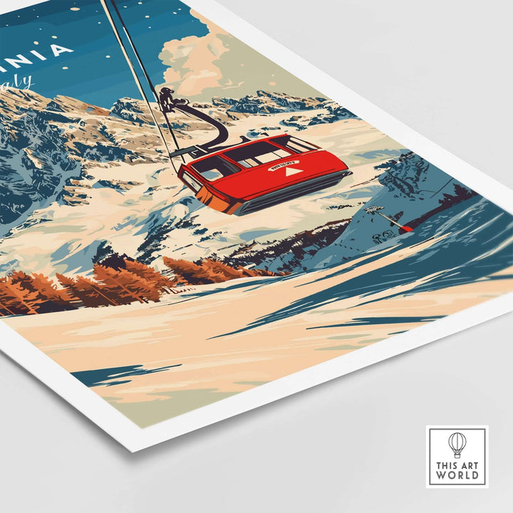 Cervinia Ski Print featuring a vibrant red ski lift against stunning snow-capped mountains, perfect for ski lovers.