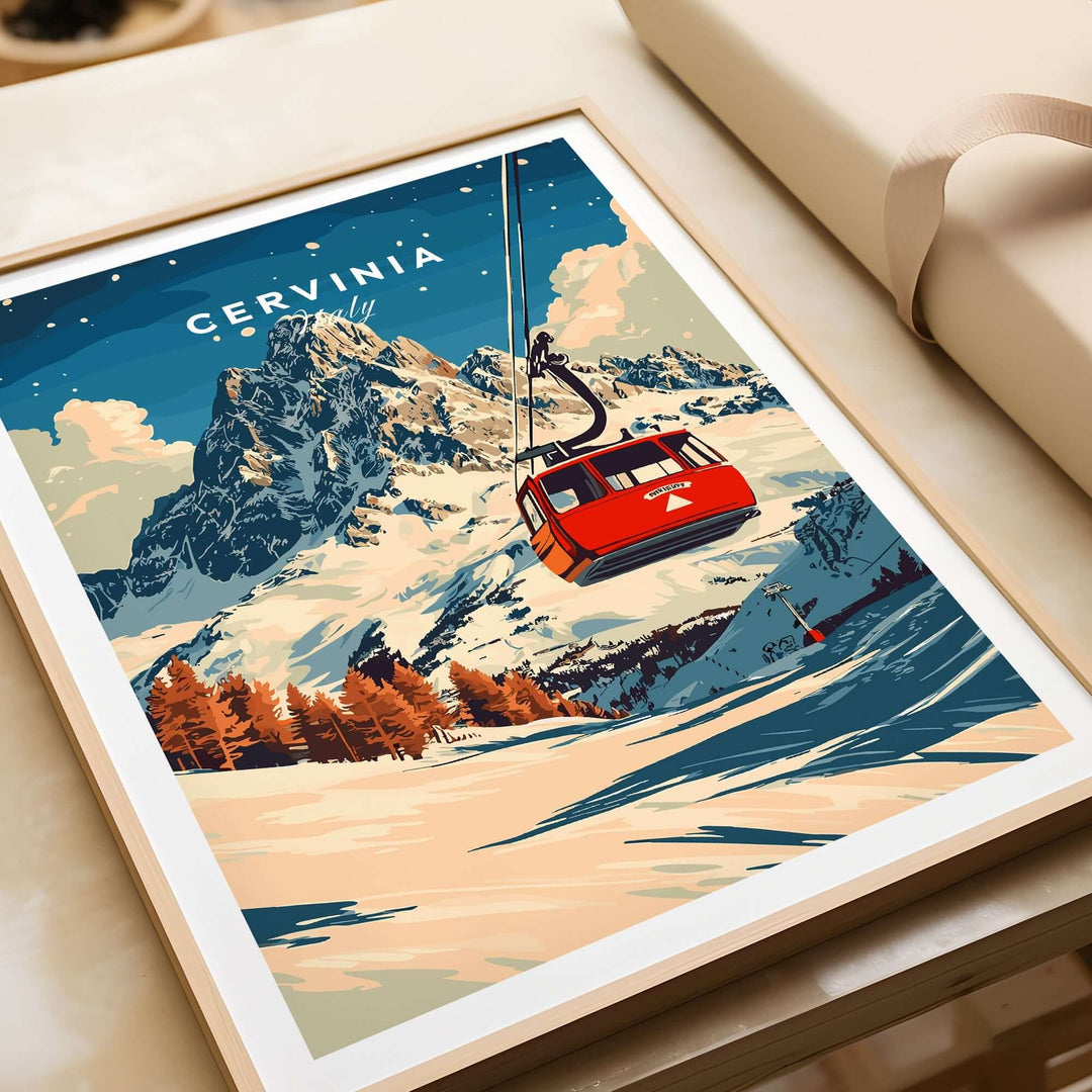 Cervinia Ski Print featuring a red gondola, snowy mountains, and vibrant colors, perfect for ski enthusiasts.