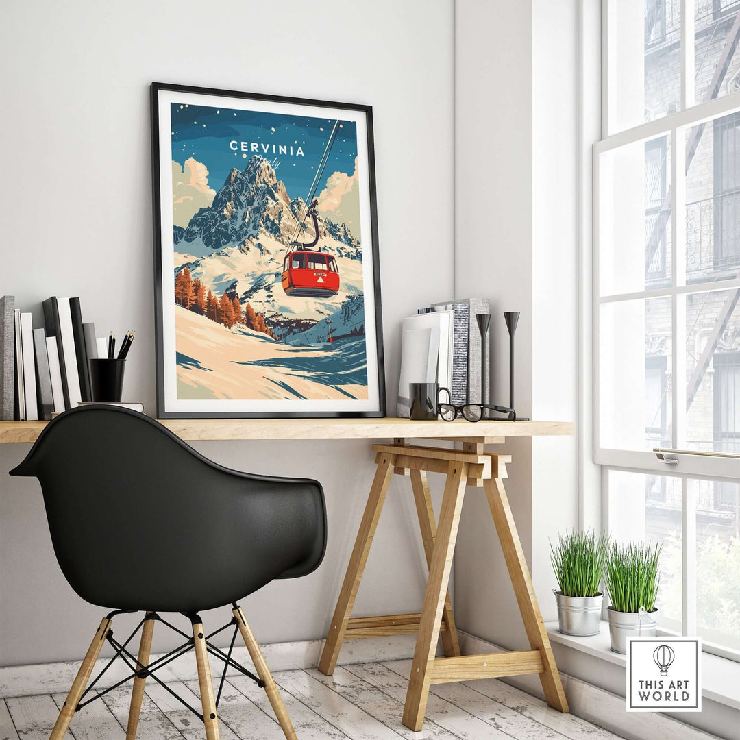 Cervinia Ski Print featuring a vibrant mountain scene with a red gondola, perfect for ski enthusiasts' home decor.