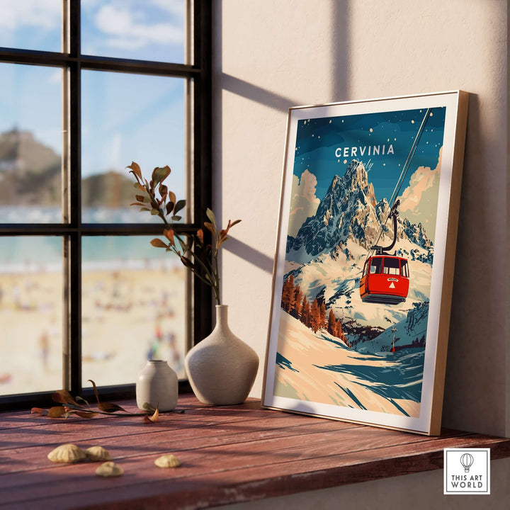 Cervinia Ski Print featuring a red gondola on snowy slopes, showcasing vibrant colors and stunning mountain scenery.