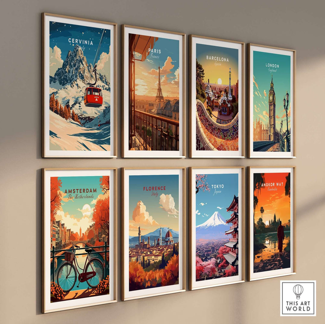 Collection of vibrant travel prints featuring Cervinia, Paris, Barcelona, London, Amsterdam, Florence, Tokyo, and Angkor Wat.