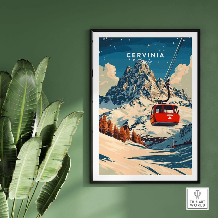 Cervinia Ski Print featuring a red gondola over snow-covered mountains and vibrant blue skies, perfect for ski lovers.