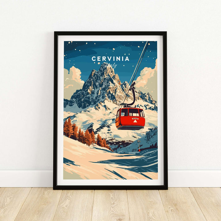 Cervinia Ski Print featuring a vibrant red gondola against stunning mountain scenery, perfect for ski enthusiasts' decor.