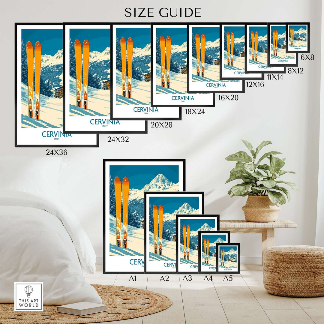 Cervinia Ski Wall Art Poster size guide featuring various frame sizes displayed in a stylish room setting.