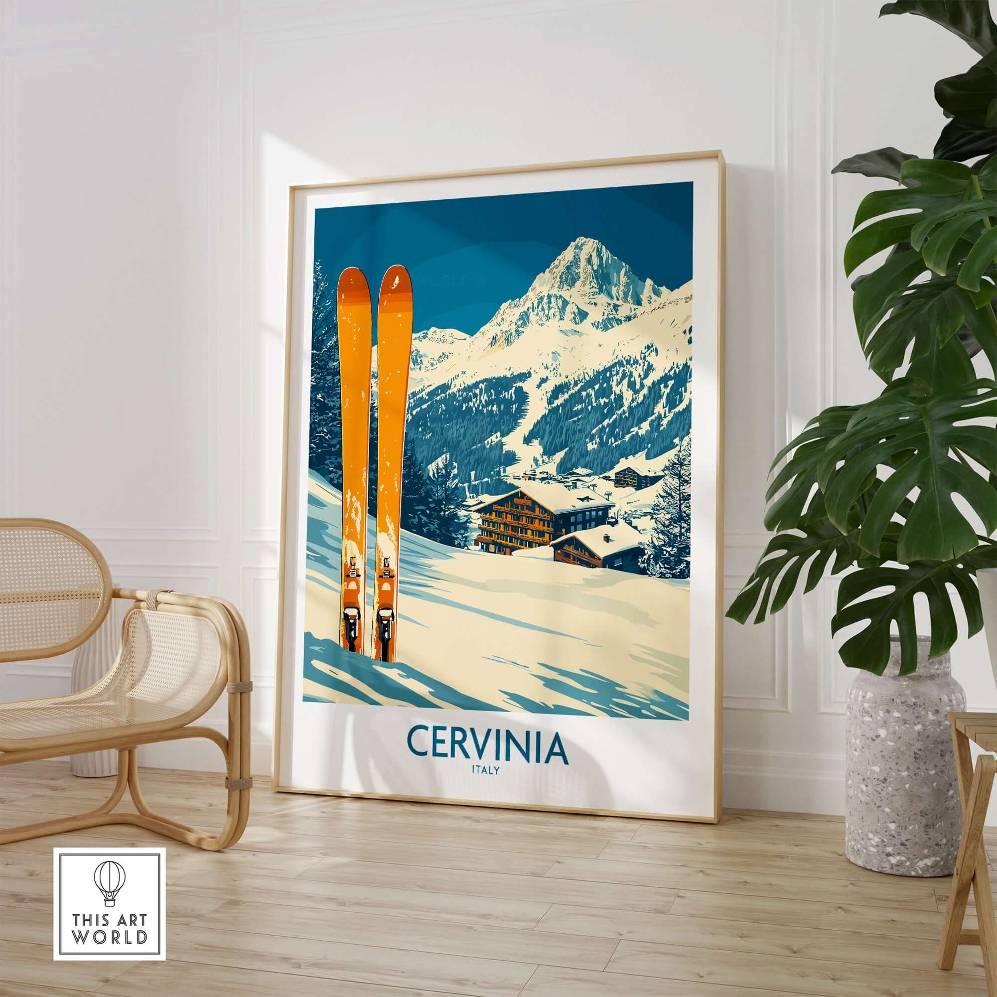 Cervinia ski wall art poster featuring vibrant orange skis and snow-covered Alps, perfect for winter decor.