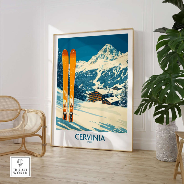 Cervinia ski wall art poster featuring vibrant orange skis and snow-covered Alps, perfect for winter decor.