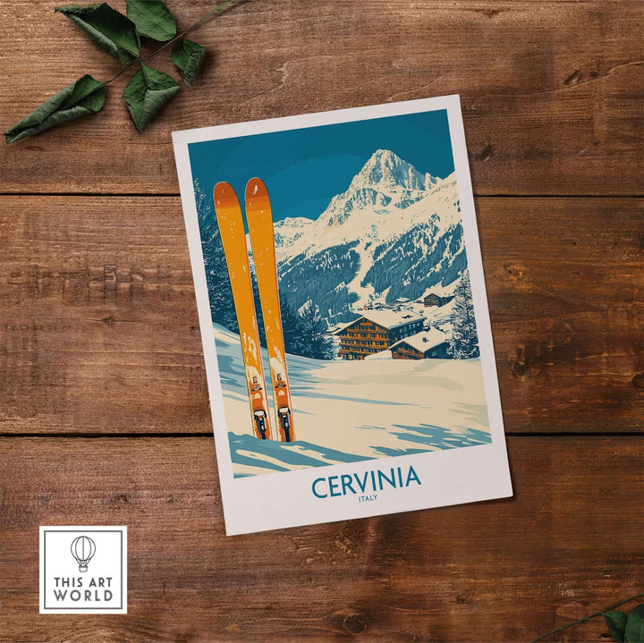 Cervinia Ski Wall Art Poster featuring orange skis against a snowy mountain backdrop, perfect for ski enthusiasts.