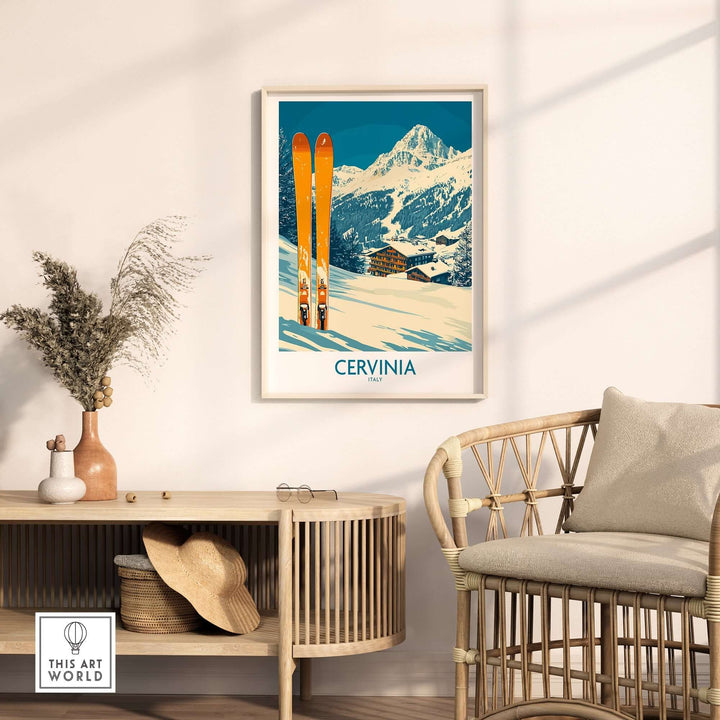 Cervinia ski wall art poster featuring vibrant skis and a picturesque snowy landscape, perfect for ski lovers' decor.