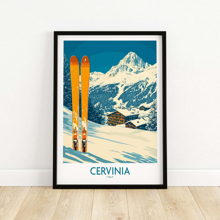 Cervinia ski wall art poster featuring vibrant orange skis against a snowy Swiss Alps backdrop and text "CERVINIA ITALY."