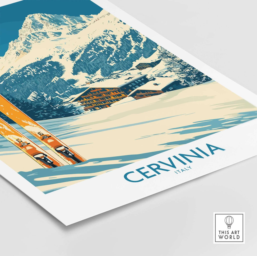 Cervinia Ski Wall Art Poster featuring snowy mountains and ski slopes, perfect for winter décor enthusiasts.