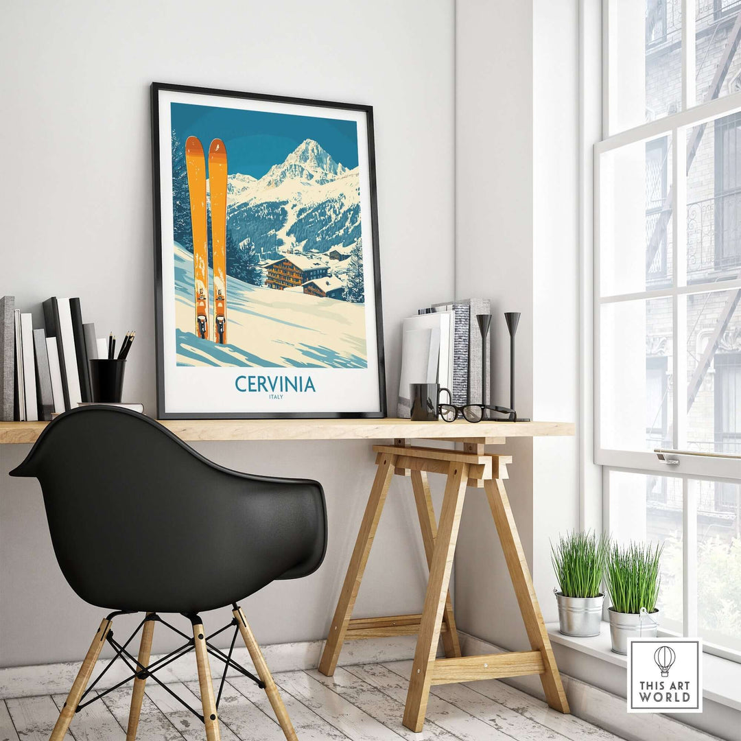 Cervinia Ski Wall Art Poster featuring vintage skis in a cozy room setting, perfect for ski enthusiasts.