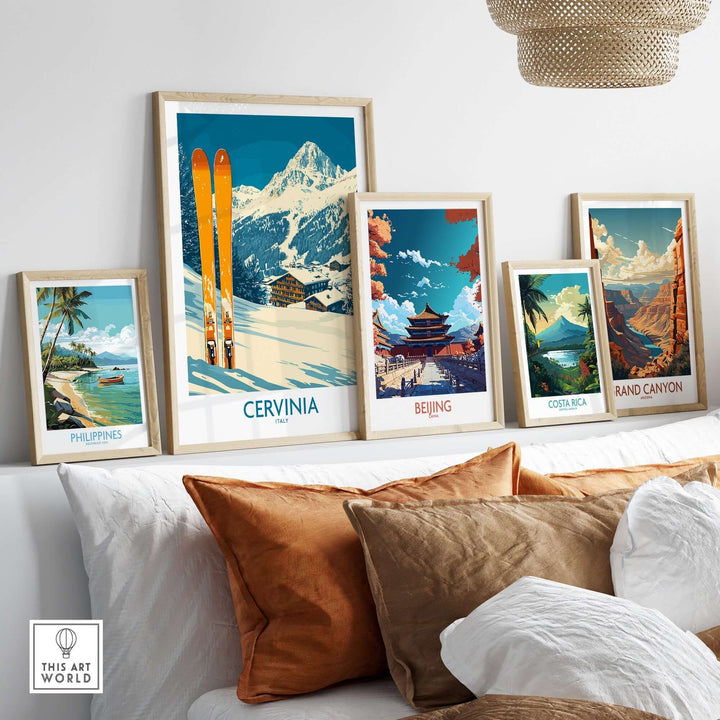 Vibrant wall art featuring Cervinia ski poster among travel-themed prints, enhancing a cozy living room decor.