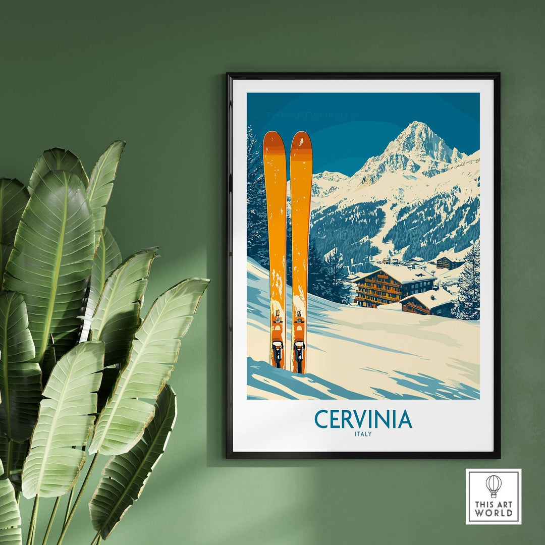 Cervinia Ski Wall Art Poster featuring orange skis against a snowy mountain backdrop, perfect for ski enthusiasts' home decor.