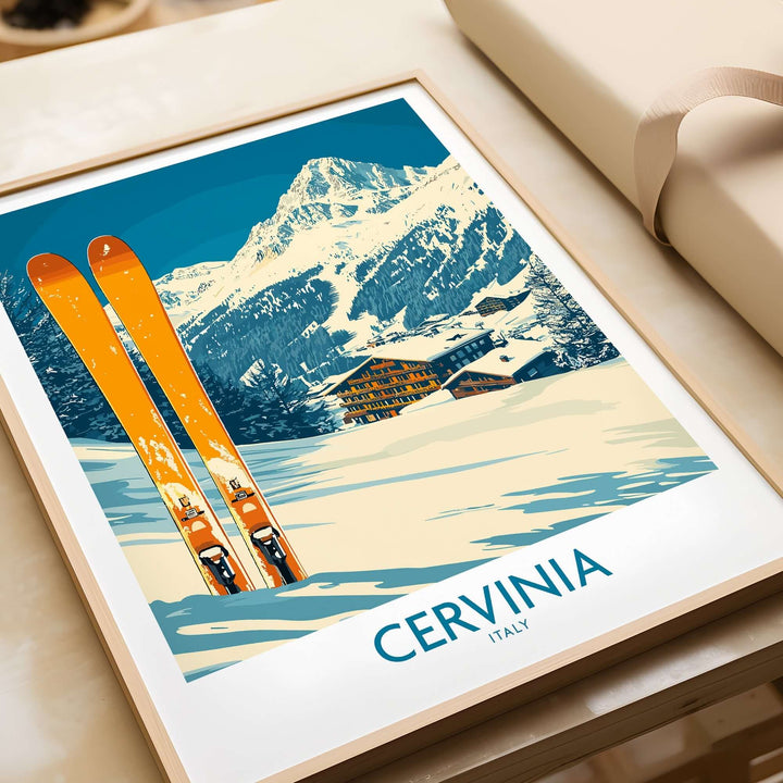 Cervinia Ski Wall Art Poster featuring vibrant orange skis set against a snowy alpine backdrop in Italy. Perfect for ski enthusiasts.