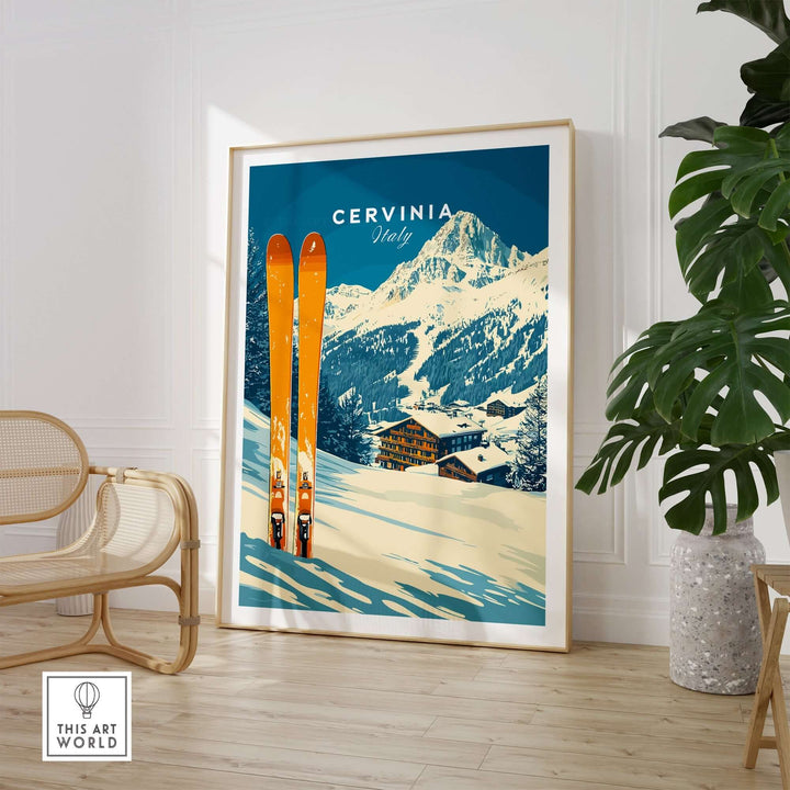 Cervinia Ski Wall Art Print featuring vibrant orange skis against the backdrop of the Italian Alps. Perfect for ski enthusiasts.