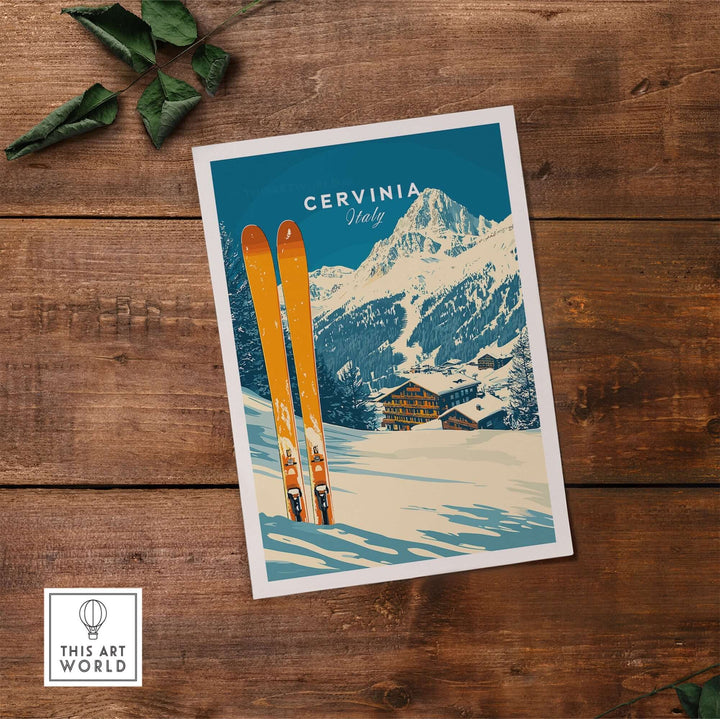 Cervinia Ski Wall Art Print featuring vibrant skis and snowy Italian Alps backdrop, perfect for ski enthusiasts.