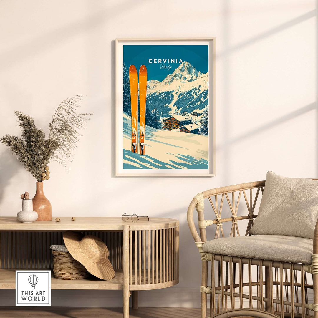 Cervinia Ski Wall Art Print featuring vibrant colors and mountain scenery, perfect for ski enthusiasts' decor.