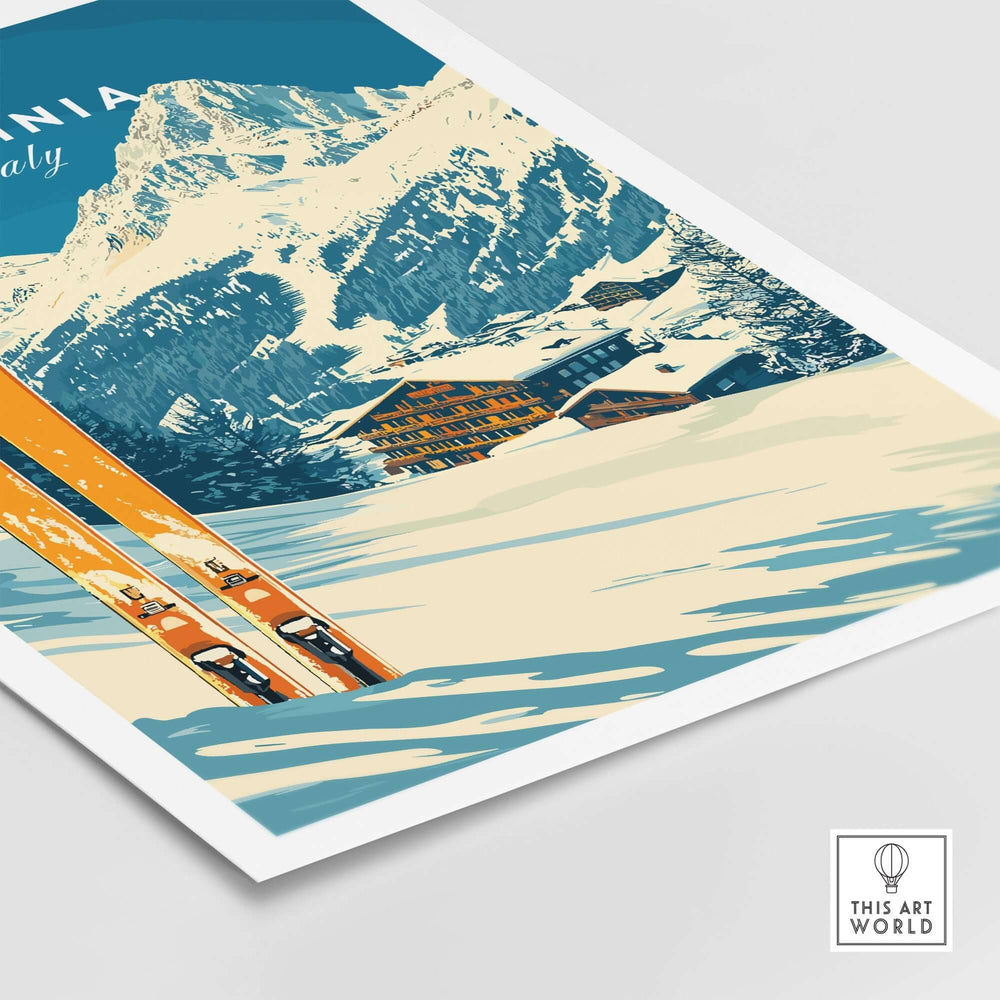 Cervinia Ski Wall Art Print showcasing vibrant skiing scene in the Italian Alps with snow-covered mountains and ski tracks.