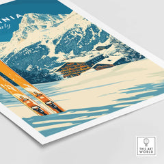 Cervinia Ski Wall Art Print showcasing vibrant skiing scene in the Italian Alps with snow-covered mountains and ski tracks.