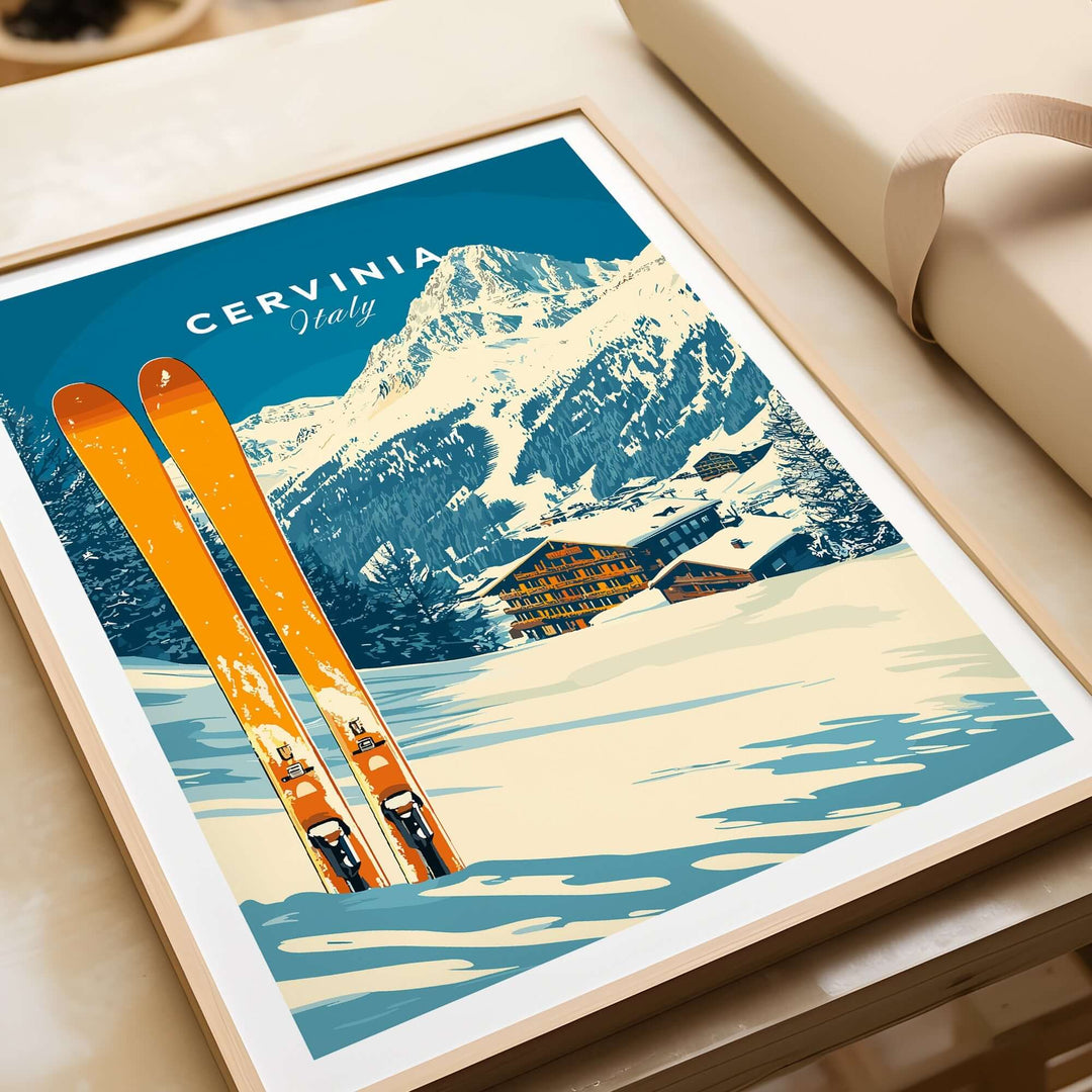 Colorful Cervinia ski wall art print featuring vibrant skis and stunning mountain scenery in Italy.