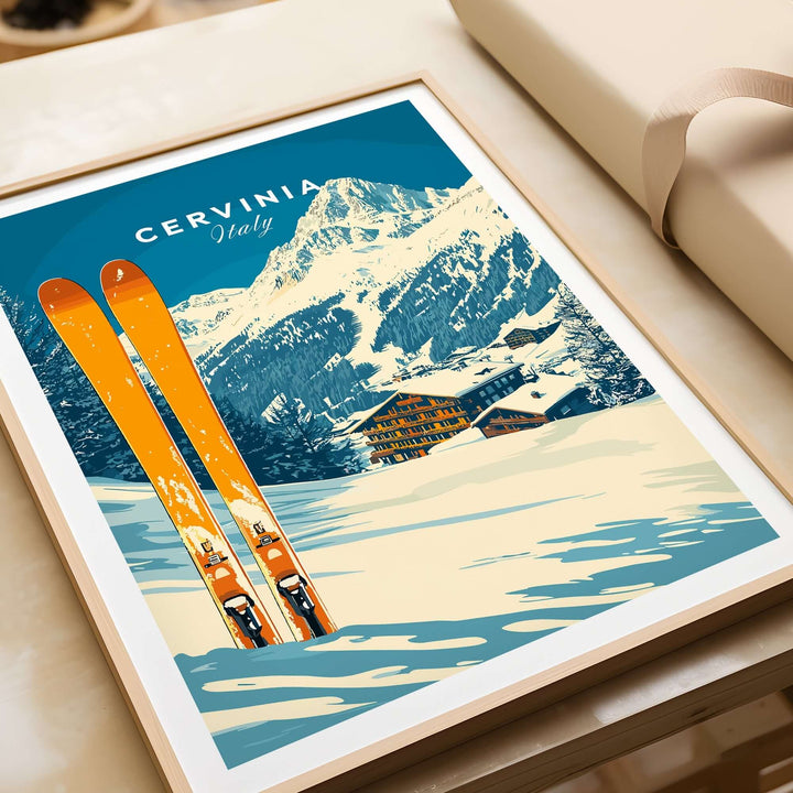 Colorful Cervinia ski wall art print featuring vibrant skis and stunning mountain scenery in Italy.