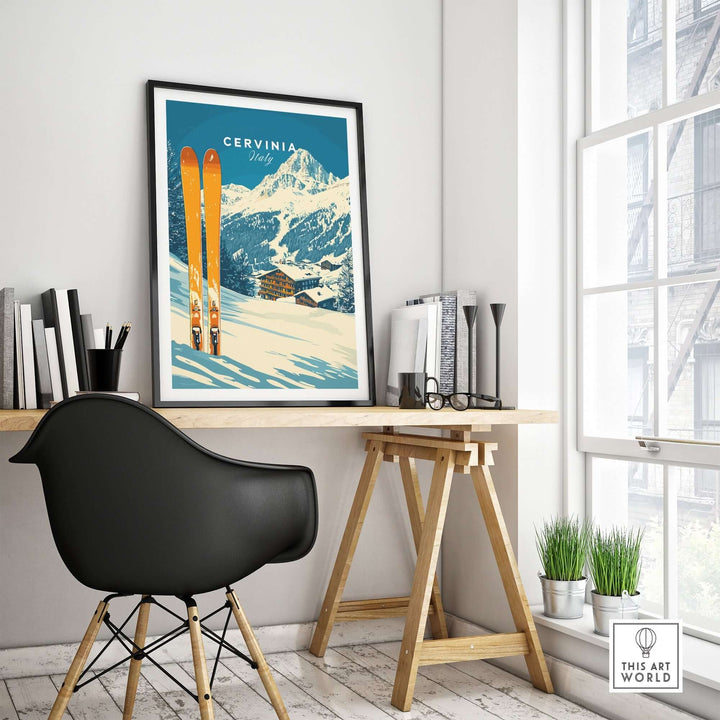 Cervinia Ski Wall Art Print displayed in a stylish home office, showcasing vibrant colors and mountain scenery.