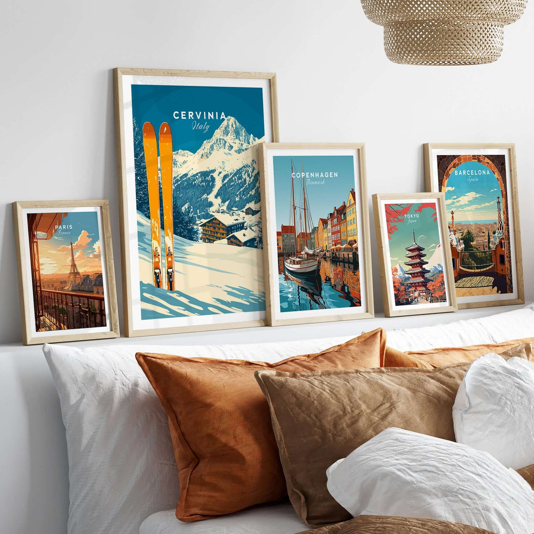 Vibrant Cervinia ski wall art print showcased among travel-themed prints on a cozy home decor setting.