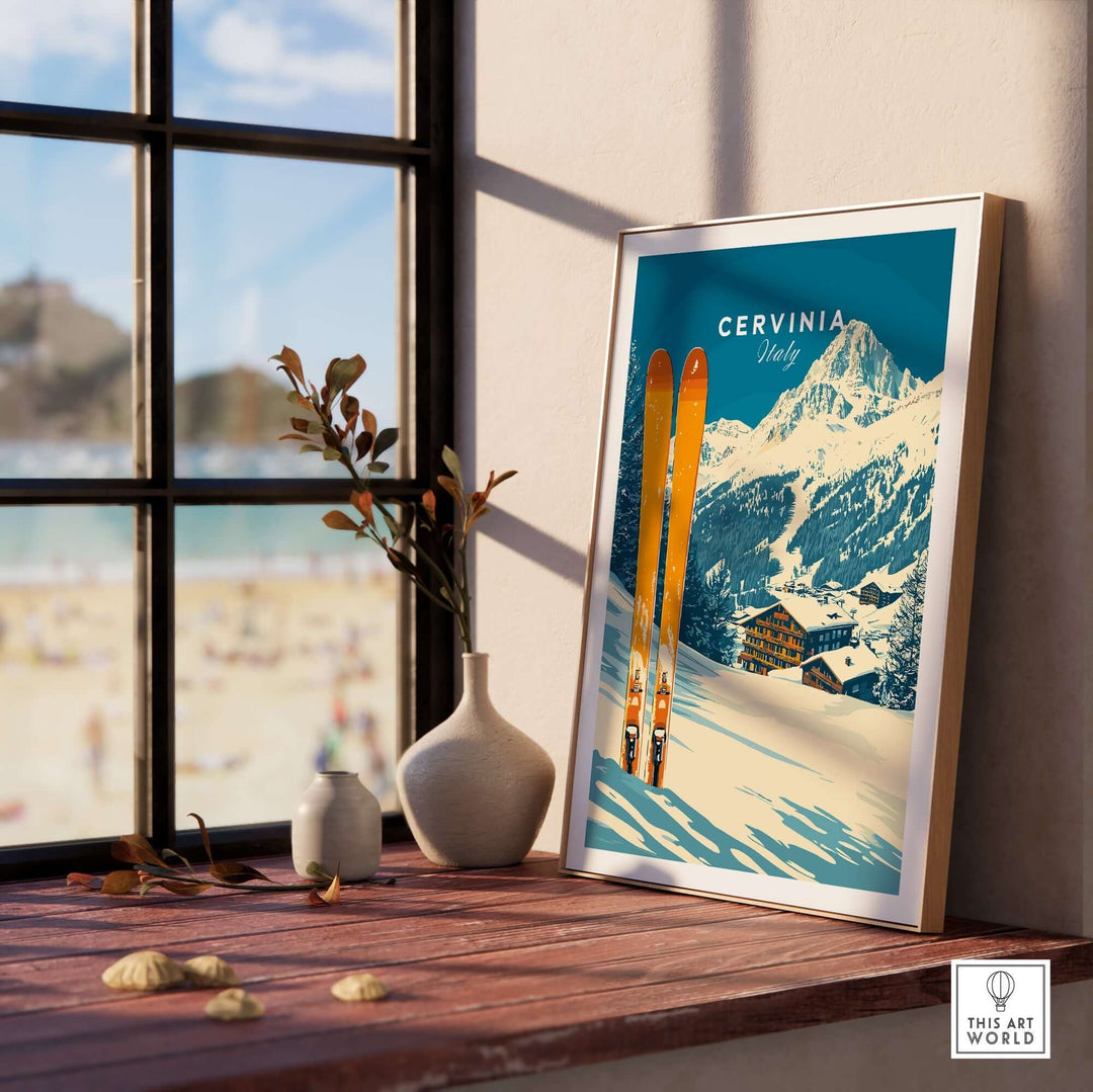 Cervinia Ski Wall Art Print featuring vibrant colors and ski imagery, displayed on a sunny windowsill in a cozy setting.