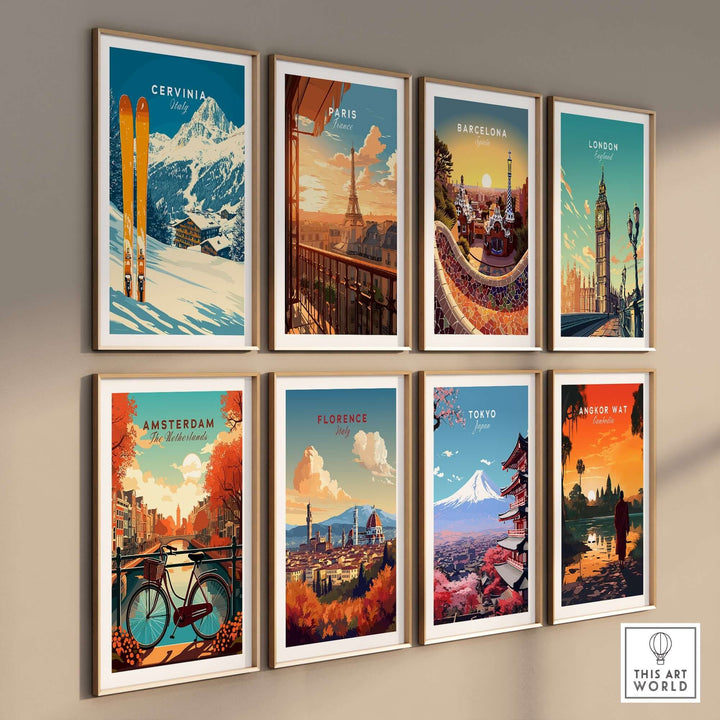 Vintage wall art prints featuring cities like Cervinia, Paris, Barcelona, and Tokyo, showcasing iconic landmarks and vibrant colors.