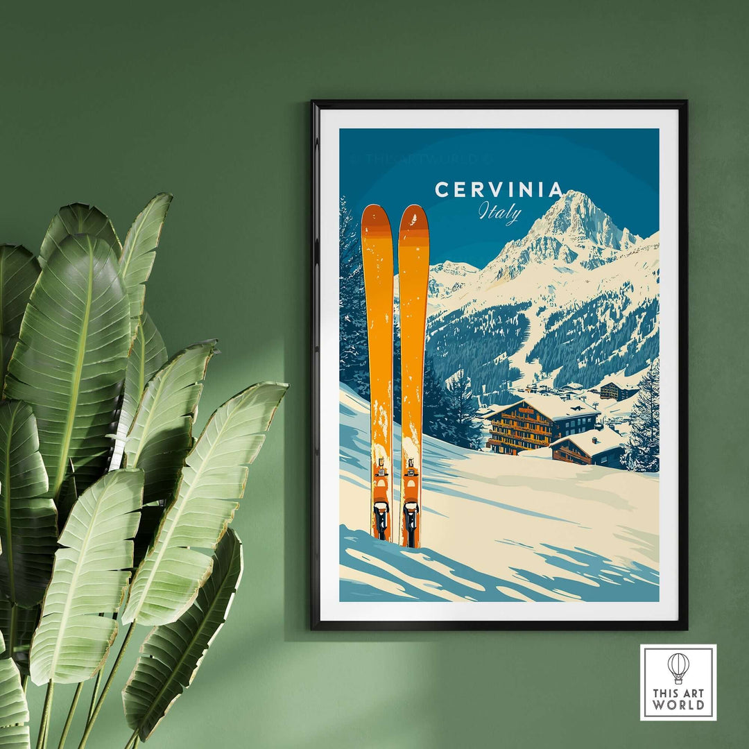 Cervinia Ski Wall Art Print featuring vibrant orange skis against a backdrop of the Italian Alps and snow-covered slopes.