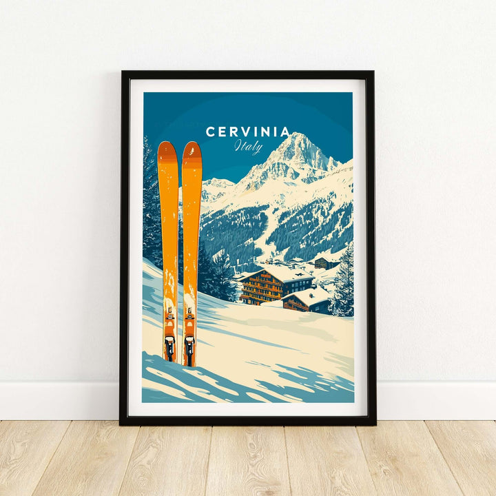 Cervinia Ski Wall Art Print featuring vibrant orange skis against a backdrop of the Italian Alps, capturing winter sports beauty.