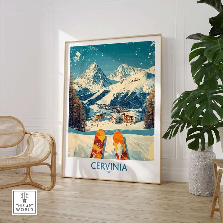 Cervinia wall art ski poster showcasing majestic mountains and snowy slopes in Italy, perfect for ski enthusiasts' decor.