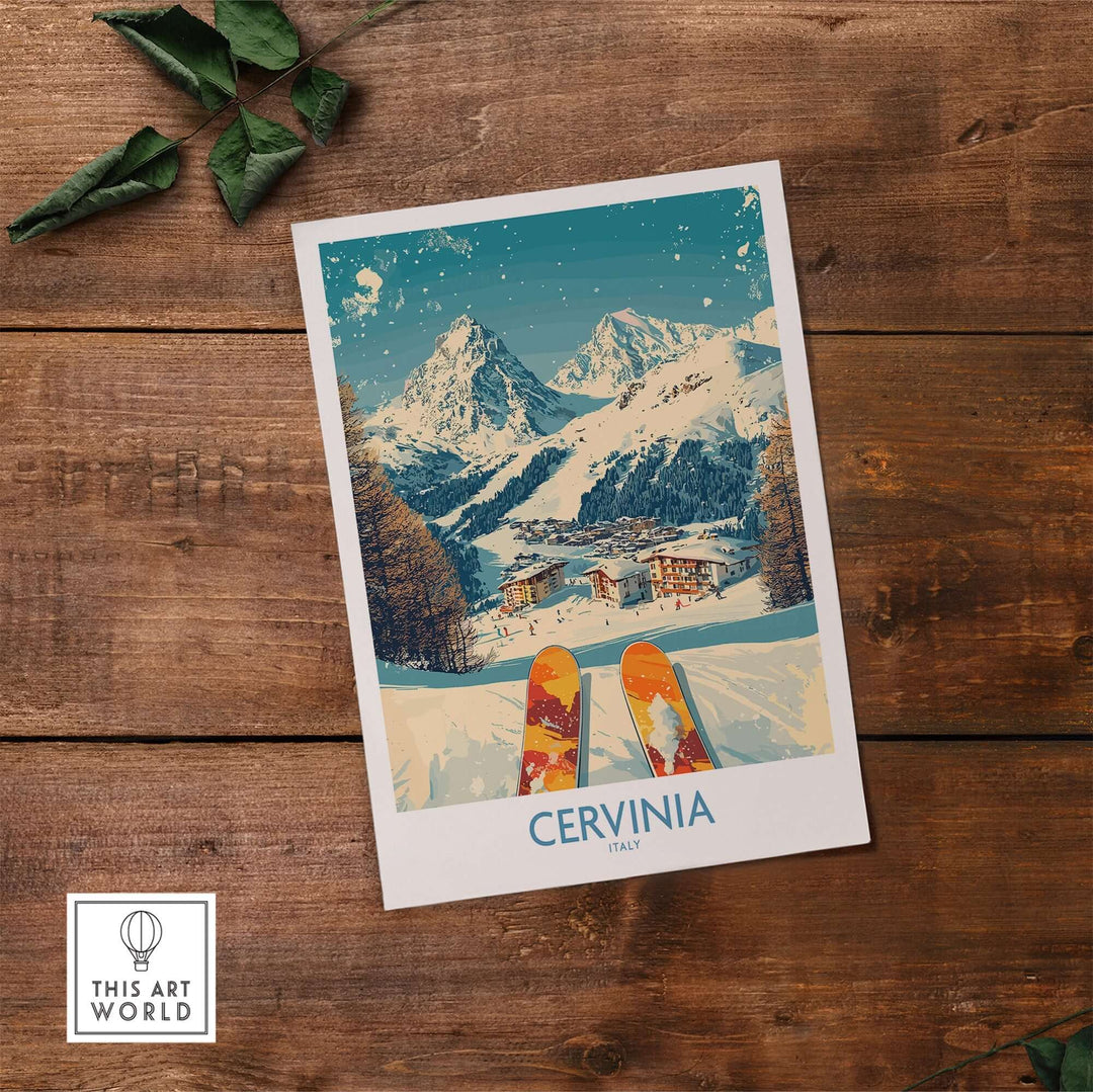 Cervinia ski poster featuring snowy mountains and colorful skis, perfect for bringing alpine charm to your home decor.