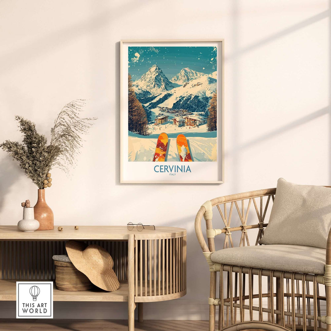 Cervinia Ski Poster capturing snowy mountains and slopes, perfect for enhancing home decor with a skiing theme.