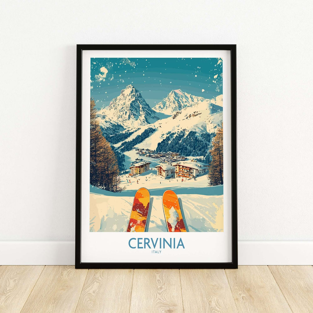 Cervinia wall art ski poster showcasing snowy mountains and skis, perfect for ski enthusiasts and home decor.