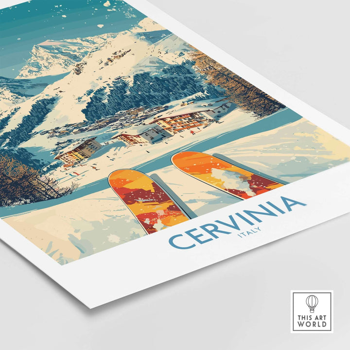 Cervinia wall art ski poster showcasing snowy mountains and vibrant skis, capturing the thrill of skiing in Italy.