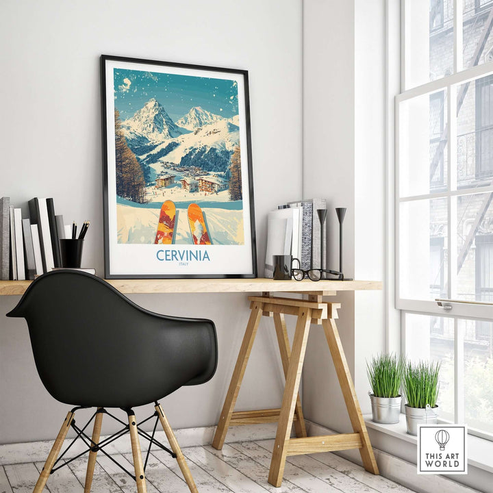 Cervinia wall art ski poster displayed in a stylish home office, showcasing snowy mountains and vibrant ski gear.