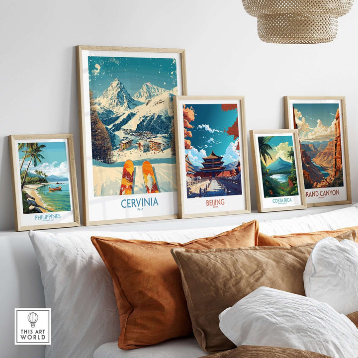 Collection of vibrant travel posters featuring Cervinia, Beijing, Philippines, Costa Rica, and the Grand Canyon.