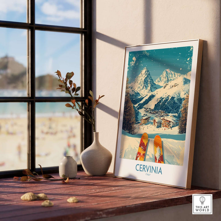 Cervinia ski poster art featuring mountains and snowy slopes, displayed in a cozy interior setting.