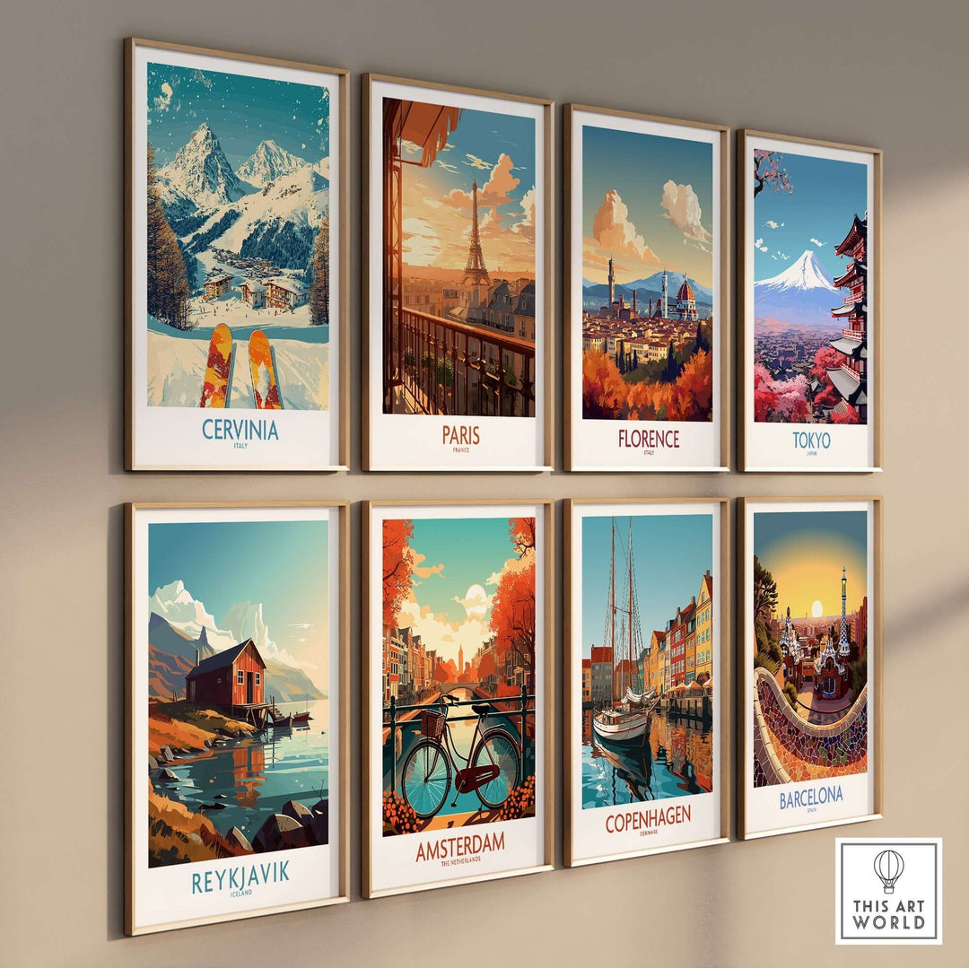 A collection of vibrant travel posters featuring Cervinia, Paris, Florence, Tokyo, Reykjavik, Amsterdam, Copenhagen, and Barcelona.