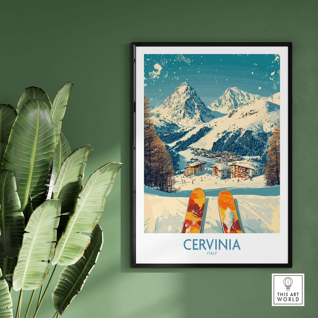 Cervinia wall art ski poster featuring snowy mountains and skiing in Italy, perfect for home decor.