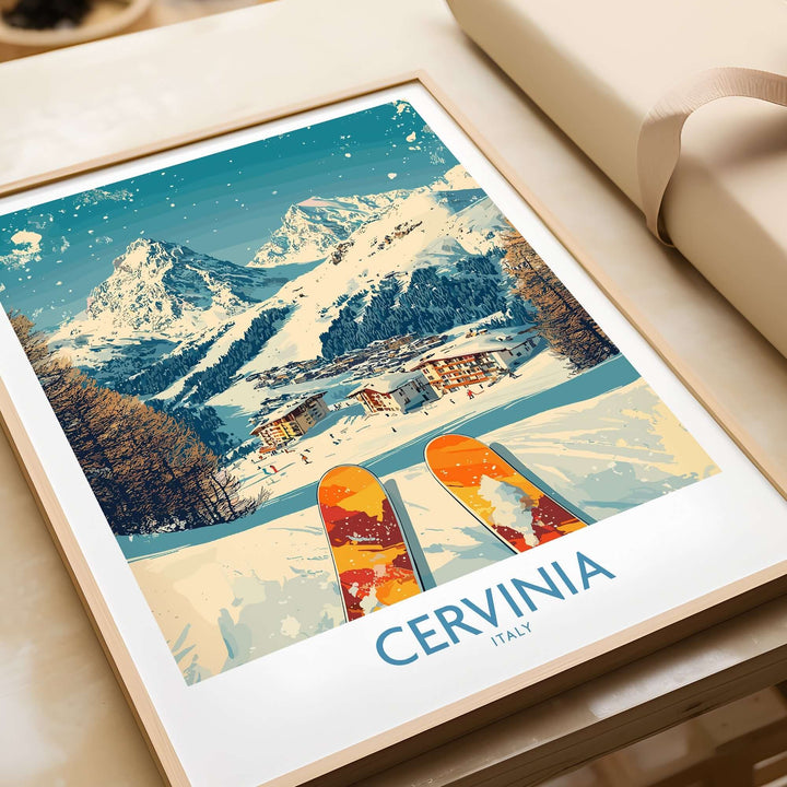 Cervinia wall art ski poster showcasing majestic mountains and snowy slopes in Italy, perfect for ski enthusiasts.