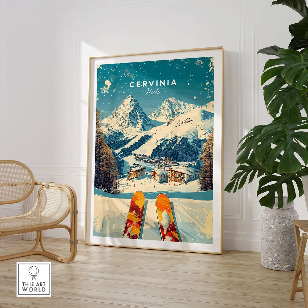 Cervinia Wall Art Ski Print showcasing snowy mountains and skiis, perfect for home decor enthusiasts who love Italy.