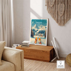 Cervinia wall art ski print in stylish home decor, featuring Italian snow-capped mountains and vibrant skis.