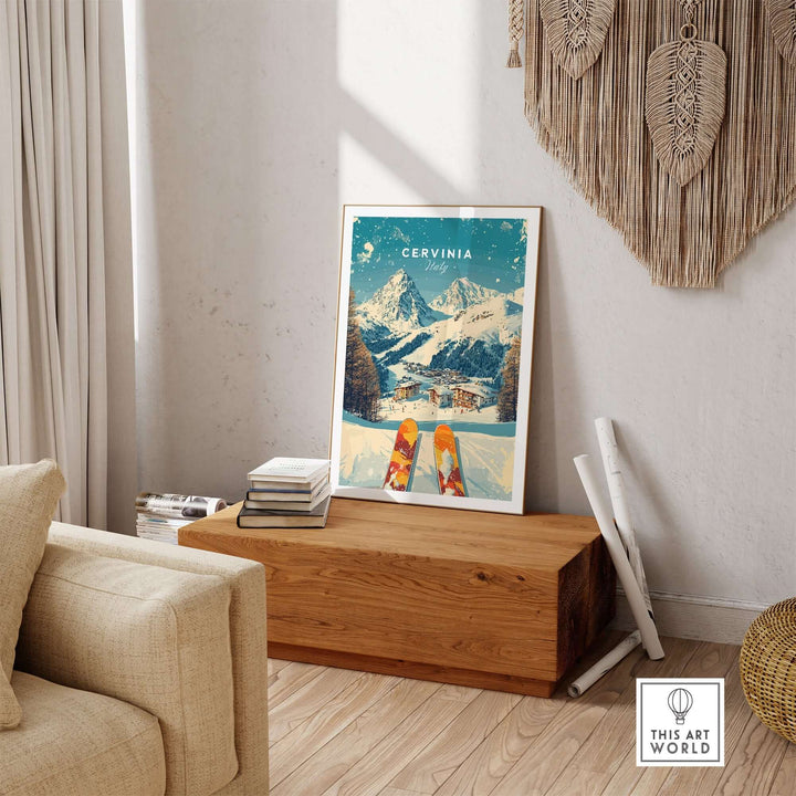 Cervinia wall art ski print in stylish home decor, featuring Italian snow-capped mountains and vibrant skis.